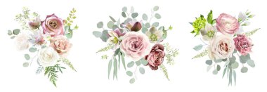 Mor gül, tozlu pembe lisianthus, serruria, kahverengi ve yeşil hellebores, ortanca, nane okaliptüs, yeşil vektör desenli buketler. Çiçekli düğün çelengi. Suluboya. İzole ve düzenlenebilir