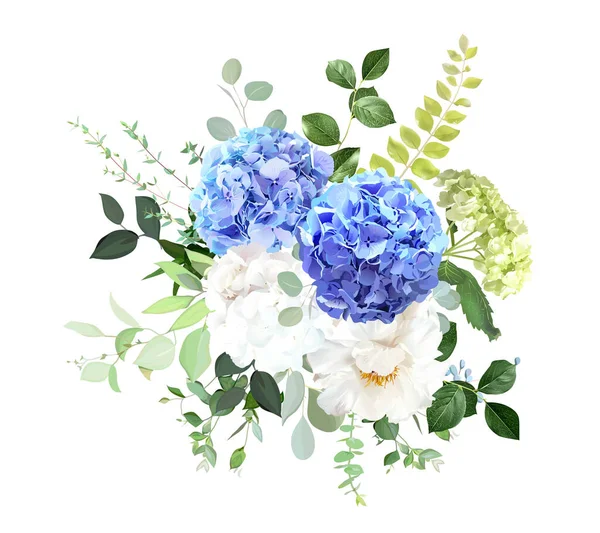 Blue, white, green hydrangea flowers, peony, salal, emerald greenery and eucalyptus wedding vector bouquet. Floral pastel watercolor. Blooming garden hortensia. Elements are isolated and editable
