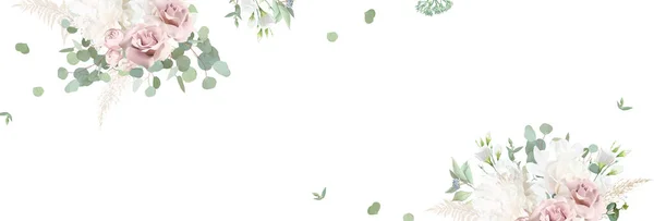 ダスティピンクのバラ 白いリアンサス マグノリア ユーカリ パンパス草 シダベクトルデザインバナー 結婚式の季節の花カード 花の水彩構成 編集可能 — ストックベクタ