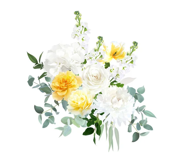 Κίτρινο Τριαντάφυλλο Ελεφαντόδοντο Ντάλια Λευκή Ορτανσία Τουλίπα Ματθιόλα Ανοιξιάτικα Λουλούδια — Διανυσματικό Αρχείο
