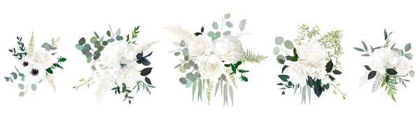 古典的な白い牡丹 アジサイ イソギンチャク バラの花 ユーカリ 緑のベクトルデザインの結婚式の春の花束セット 花の夏の水彩 要素は隔離および編集可能です — ストックベクタ