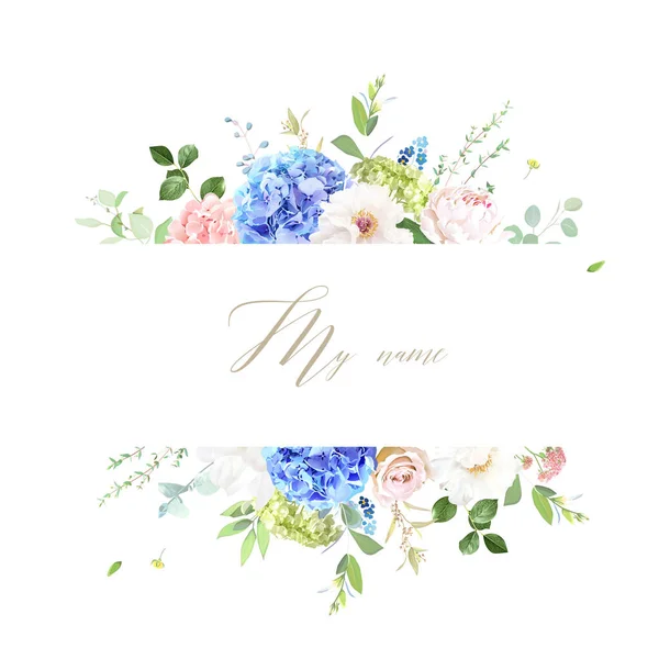 ピンクと青のアジサイ 白い牡丹 マグノリア ランヌクルス 春の庭の花 ユーカリ ベクトルデザインフレーム 結婚式の夏のコレクション 要素は隔離および編集可能です — ストックベクタ