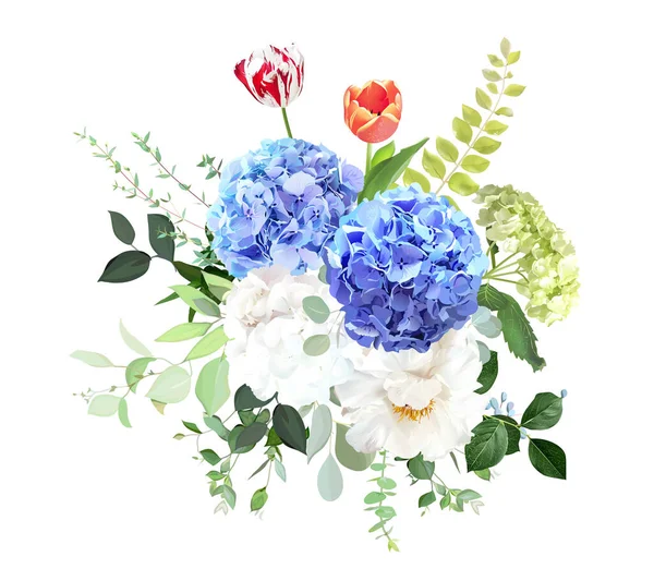 Mavi Beyaz Yeşil Ortanca Çiçekleri Şakayık Salal Zümrüt Yeşili Okaliptüs — Stok Vektör
