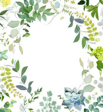 Yeşillik ve echeveria sulu vektör tasarımı yuvarlak davet çerçevesi. Kaba bir düğün şablonu. Nane, mavi, adaçayı, yeşil tonlar. Suluboya tarih kartını kaydet. Yaz kırsal tarzı. İzole ve düzenlenebilir
