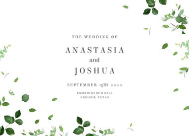 Bitkisel minimalist vektör bayrağı. El boyaması bitkiler, dallar, beyaz arka planda yapraklar. Yeşillik düğünü basit yatay şablon. Suluboya kart. Tüm elementler izole ve düzenlenebilir.