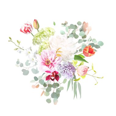 Pembe şakayık, mor orkide, beyaz manolya, kırmızı lale, gül, yeşil ortanca, mor sümbül, okaliptüs vektör desenli paskalya buketi. Bahar düğünü yeşilliği ve çiçekler. Tüm elementler izole edildi
