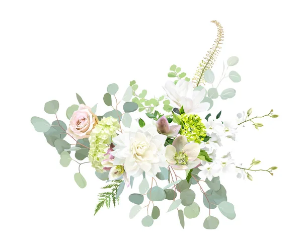 Λευκή Ντάλια Ορχιδέα Μανόλια Γυμνό Ροζ Τριαντάφυλλο Ελλέβορες Πράσινη Ορτανσία — Διανυσματικό Αρχείο
