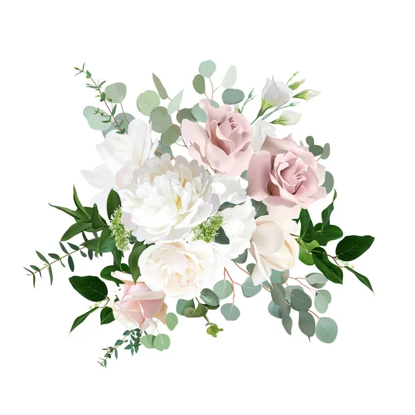 银鼠草绿 粉红花朵矢量设计花束 尘土飞扬的玫瑰 白色的康乃馨 米黄色的木兰花 婚礼花环 水彩画孤立和可编辑的 — 图库矢量图片