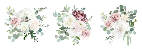 银鼠草绿色和粉红花矢量设计花束 尘土飞扬的玫瑰 白色的康乃馨 婚礼花环 水彩画孤立和可编辑的 — 图库矢量图片
