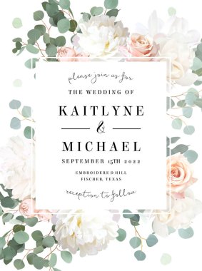 Çiçek okaliptüs seçim vektör çerçevesi. El boyaması dallar, pembe gül çiçekleri, beyaz arka planda yapraklar. Yeşillik düğün davetiyesi. Suluboya kart. Elementler izole ve düzenlenebilir.