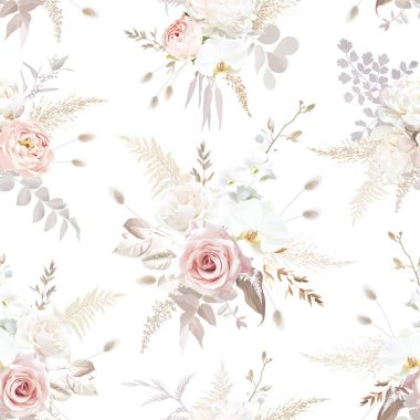 Boho bej ve kızarık moda vektör tasarımı kusursuz desen. Pastel pampalar, fildişi şakayıklar, kremalı orkideler, tozlu pembe güller, lagurular, kuru yapraklar. Düğün çiçekleri. Elementler izole ve düzenlenebilir.