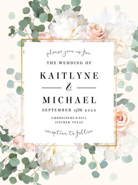 Çiçek okaliptüs seçim vektör çerçevesi. El boyaması dallar, pembe gül çiçekleri, beyaz arka planda yapraklar. Yeşillik düğün davetiyesi. Suluboya kart. Elementler izole ve düzenlenebilir.