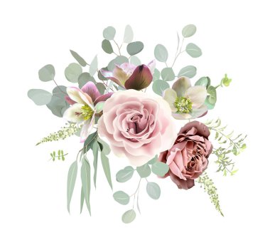 Mauve purple rose, dusty pink lisianthus, serruria, brown and green hellebores, hydrangea, mint eucalyptus, greenery vector design bouquet. Wedding floral garland. Watercolor. Isolated and editable clipart