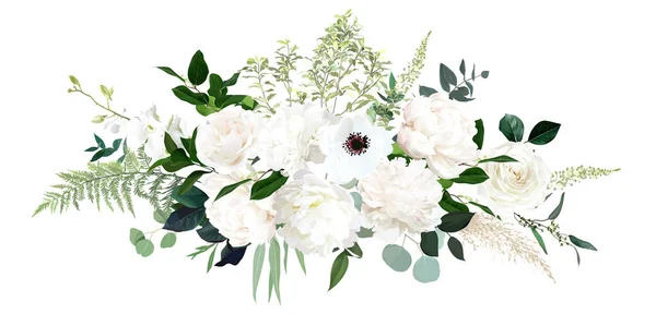 Clássico Peônia Branca Hortênsia Anêmona Rosa Flores Eucalipto Samambaia Salal —  Vetores de Stock