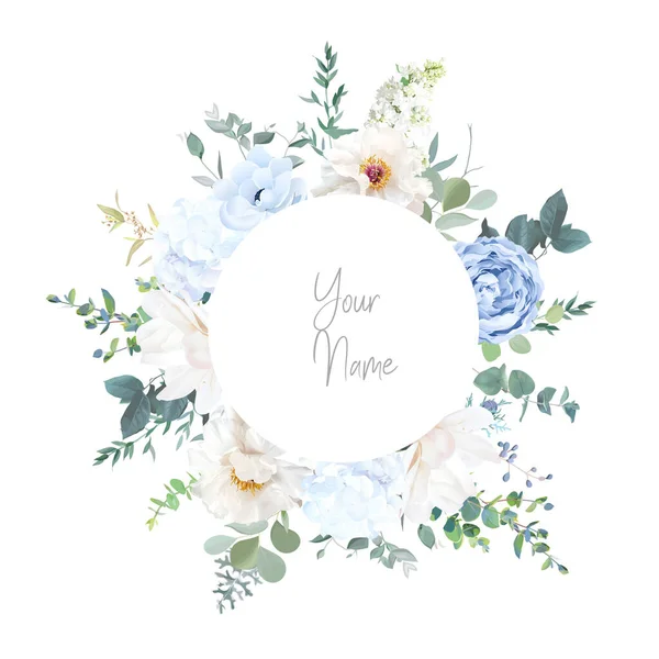 クリーミーなベージュのバラ ほこりの多い青いランヌクラス マグノリア 白いアジサイ ユーカリ ベリージュニパーベクトルデザインバナー 結婚式の季節の花 花の水彩画 編集可能 — ストックベクタ
