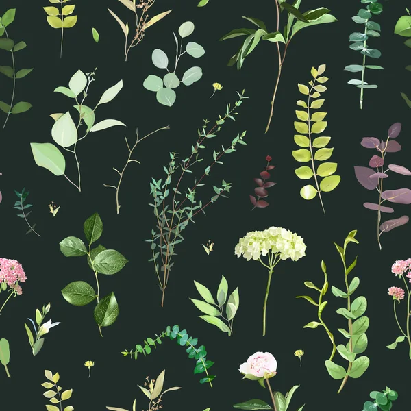 Sommer Gartenbegrünung Mit Blättern Und Wildblumen Hortensien Pfingstrosen Eukalyptus Kräuter — Stockvektor