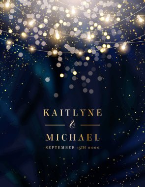 Navy blue tropical forest foliage vector background. Dark palm leaves wedding invitation. Exotic tree card texture. Starring sky art. Rustic style save the date. Elegant outdoor party template garland