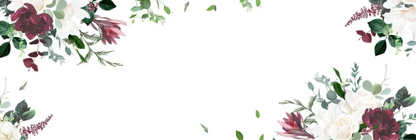 Elfenbensvit Magnolia Vinröd Pion Cederträ Ormbunke Leucadendron Vektor Design Inbjudan — Stock vektor