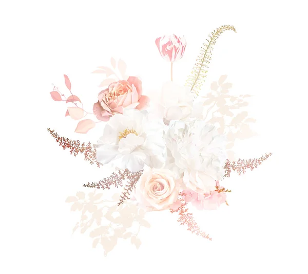ゴールド ピンク ベージュ 白バラ 赤チューリップ マグノリア アジサイの花 パンパス草 乾燥葉 アスチルベベクトルデザインの花束 — ストックベクタ