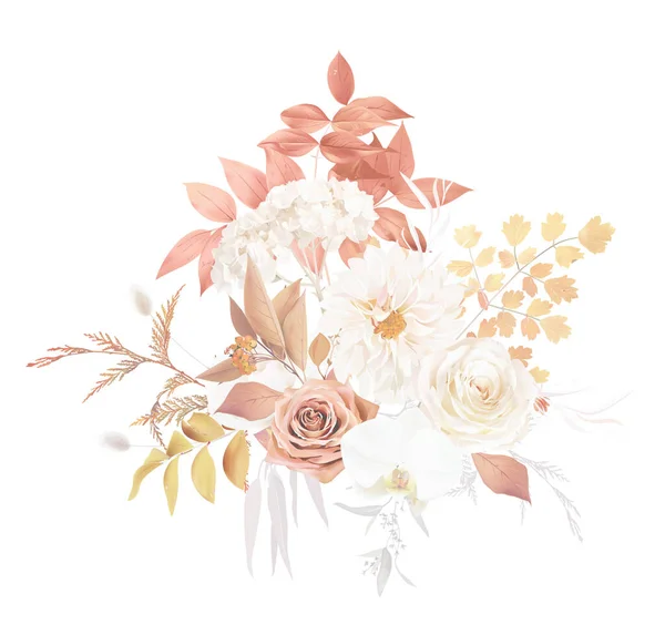 米黄色 白色花朵 棕色玫瑰 白色大丽花 落叶设计花束 橙色和黄色 元素是孤立和可编辑的 — 图库矢量图片
