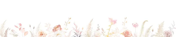 陈腐的橙红色古玫瑰 米色和淡淡的花朵 乳白色的牡丹 潘帕斯草 秋天的叶子 婚礼矢量旗帜 植物水彩画 孤立和可编辑的 — 图库矢量图片