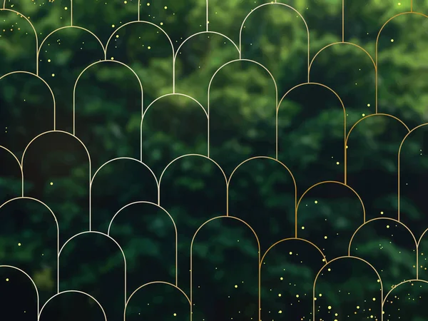 エメラルドグリーンの森の葉のベクトルの背景 緑の庭の木の結婚式の招待 夏はカードの質感を残します 黄金の線が芸術をアーチ 素朴なスタイルは 日付を保存します エレガントな屋外パーティーテンプレート — ストックベクタ