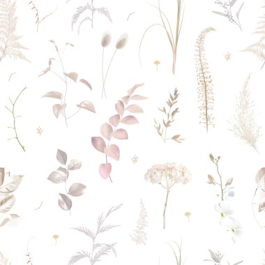 Boho bej ve kızarık moda vektör tasarımı kusursuz baskı. Pastel pampa otları, fildişi ortancalar, kremalı orkide, tozlu pembe lagurular, kuru yapraklar. Düğün çiçekleri kızarır. Elementler izole ve düzenlenebilir.