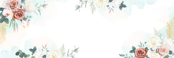 银丝鼠尾草 粉红花朵矢量设计框架 尘土飞扬的玫瑰 木兰花 大丽花 潘帕斯草 婚礼花草 糊状水彩背景 元素是孤立和可编辑的 — 图库矢量图片