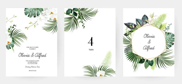 Flores Tropicais Folhas Cartões Design Vetorial Orquídea Branca Magnólia Samambaia — Vetor de Stock