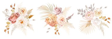 Altın, kızarık, bej, beyaz gül, şakayık, yıldız çiçeği, ranunculus, ortanca çiçeği, otlar, eğrelti otu, kurutulmuş palmiye yaprakları, canavar vektör desenli buketler. Çıplak ve fildişi elementler izole ve düzenlenebilir.