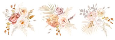 Gold, blush, beige, white rose, peony, dahlia, ranunculus, hydrangea flower, pampas grass, fern, dried palm leaves, monstera vector design bouquets. Nude and ivory Elements are isolated and editable clipart