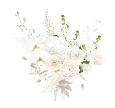 Fildişi bej ve beyaz çiçek vektör deseni buketi. Kremalı gül, beyaz orkide, matthiola, ortanca, ranunculus, manolya, pampas otu. Çiçekli düğün çelengi. Suluboya. İzole ve düzenlenebilir