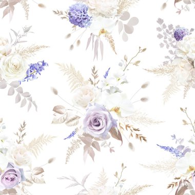 Modern bej ve mor trend vektör tasarımı kusursuz desen. Pastel kurutulmuş otlar, manolya, beyaz şakayık, lavanta rengi mor gül deseni. Düğün şablonu. Elementler izole ve düzenlenebilir.