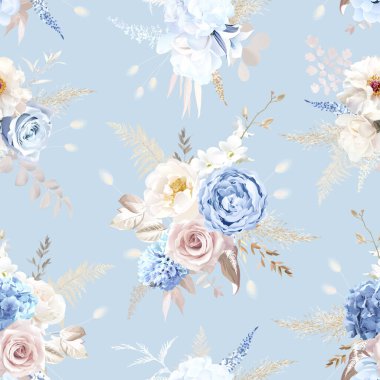 Boho bej ve tozlu mavi trend vektör tasarımı kusursuz desen. Pastel pampa otları, beyaz ortanca, mavi ranunculus, tozlu pembe gül, lagurus, kuru yapraklar. Düğün çiçekleri. Elementler düzenlenebilir