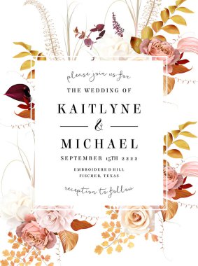 Paslı turuncu ve pembe antika gül, bej ve soluk çiçekler, ranunculus, kamelya, kurutulmuş pampa otu, altın düşüşü düğün vektör pankartı. Çiçekli suluboya düzenleme. İzole ve düzenlenebilir