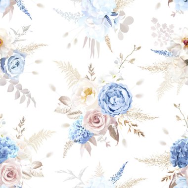 Boho bej ve tozlu mavi trend vektör tasarımı kusursuz desen. Pastel pampa otları, beyaz ortanca, mavi ranunculus, tozlu pembe gül, lagurus, kuru yapraklar. Düğün çiçekleri. Elementler düzenlenebilir