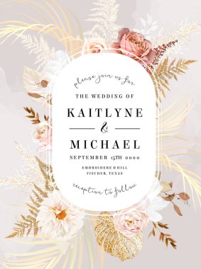 Çiçek ve kurumuş bitki vektör tasarımı yuvarlak çerçeve. Düğün suluboya çiçekleri. Fildişi beyaz manolya, yıldız çiçeği, kızarık gül, kurutulmuş palmiye, otlaklar. Elementler izole ve düzenlenebilir.