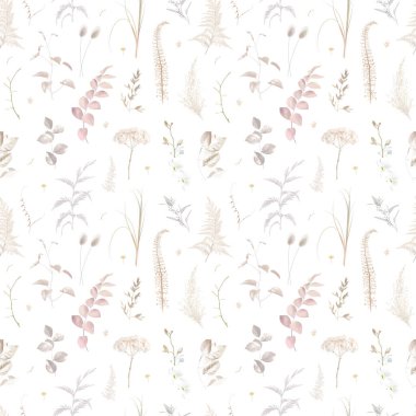 Boho bej ve kızarık moda vektör tasarımı kusursuz baskı. Pastel pampa otları, fildişi ortancalar, kremalı orkide, tozlu pembe lagurular, kuru yapraklar. Düğün çiçekleri kızarır. Elementler izole ve düzenlenebilir.