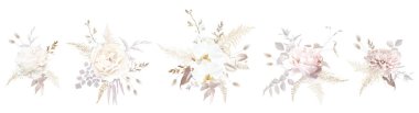 Boho bej ve kızarık vektör tasarım buketleri. Pastel pampalar, fildişi şakayıklar, kremalı orkideler, tozlu pembe güller, lagurular, kuru yapraklar. Düğün çiçekleri kızarır. Elementler izole ve düzenlenebilir.