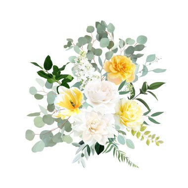 Sarı gül, fildişi yıldız çiçeği, beyaz ortanca, lale, leylak, bahar bahçesi çiçekleri, zümrüt yeşili, okaliptüs vektör tasarımı düzenlemesi. Düğün yaz buketi. Elementler izole ve düzenlenebilir.