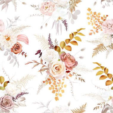 Boho bej ve kızarık moda vektör tasarımı kusursuz desen. Pastel pampalar, fildişi şakayıklar, kremalı orkideler, tozlu pembe güller, lagurular, kuru yapraklar. Düğün çiçekleri. Elementler izole ve düzenlenebilir.
