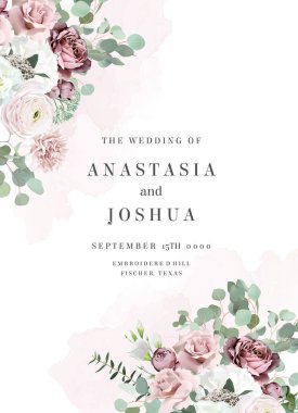 Silver sage green and blush pink flowers vector design frame. Dusty rose, white carnation, mauve rose, ranunculus, eucalyptus, greenery. Wedding floral garland. Watercolor. Isolated and editable
