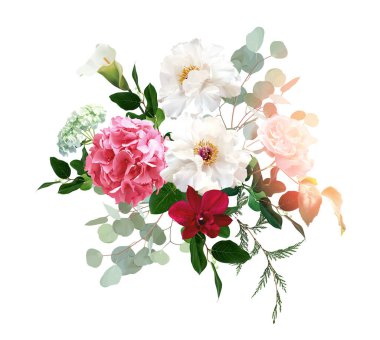 Modaya uygun mor ve barbekü pembesi renk vektör desenli buket. Pembe gül, beyaz şakayık, koyu orkide, sıcak pembe ortanca, fildişi zambak, okaliptüs. Tüm elementler izole ve beyazda düzenlenebilir..