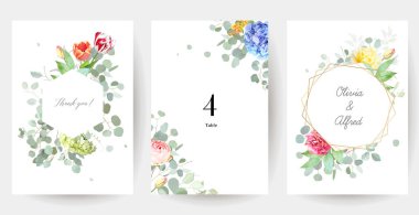 Renkli laleler, mavi sümbül, yeşil ortanca, pembe ve sarı gül, mor karanfil vektör tasarımı davetiye çerçeveleri. Yeşillik. Suluboya kartları. Yaz stili. İzole ve düzenlenebilir