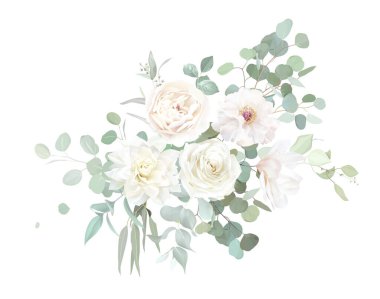 Tozlu bej gül, beyaz yıldız çiçeği, manolya, nane okaliptüsü, yeşil vektör desenli çiçek buketi. Klasik düğün adaçayı, gümüş ve bej çiçekler. Tüm elementler izole ve düzenlenebilir.