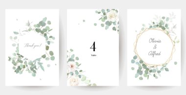 Çiçek okaliptüs seçim vektör çerçeveleri. El boyası dallar, beyaz çiçekler, beyaz arka planda yapraklar. Yeşillik düğün davetiyeleri. Suluboya kartları. Elementler izole ve düzenlenebilir.