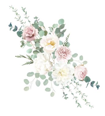 Gümüş rengi adaçayı yeşili ve pembe çiçekli vektör desenli buket. Tozlu leylak, beyaz yıldız çiçeği, karanfil, şakayık, ranunculus, okaliptüs, yeşillik. Düğün çiçekli suluboya. İzole ve düzenlenebilir