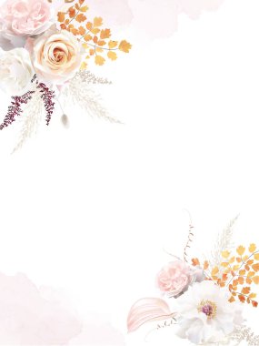 Paslı turuncu, bej, beyaz gül, anthurium çiçeği, şakayık, pampas otu, altın eğreltiotu, pastel kurutulmuş yapraklı vektör tasarım davetiyesi. Suluboya desenli buketler. Elementler izole ve düzenlenebilir.