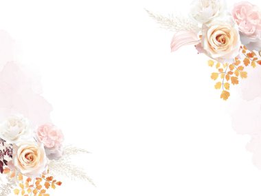 Paslı turuncu, bej, beyaz gül, anthurium çiçeği, şakayık, pampas otu, altın eğreltiotu, pastel kurutulmuş yapraklı vektör tasarım davetiyesi. Suluboya desenli buketler. Elementler izole ve düzenlenebilir.