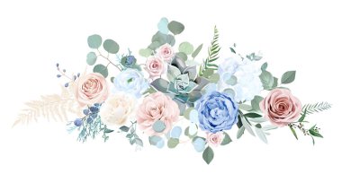 Dusty blue rose, white hydrangea, ranunculus, succulent, camellia, eucalyptus, greenery, juniper vector design bouquet. Wedding seasonal flowers. Floral watercolor composition. Isolated and editable